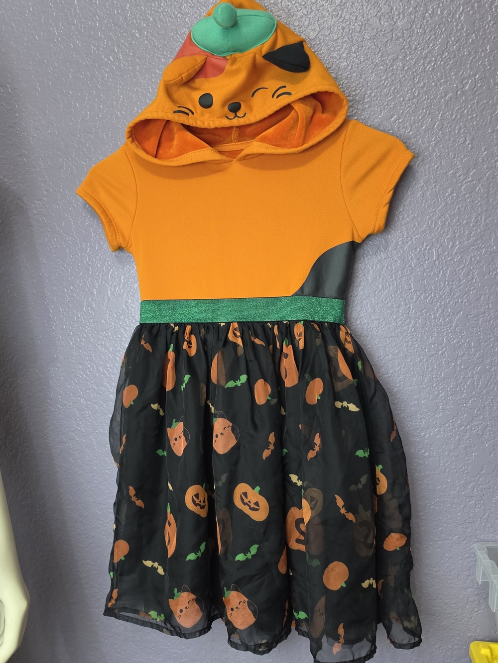 Squishmallows Orange Pumpkin Hooded Dress with Green Waistband